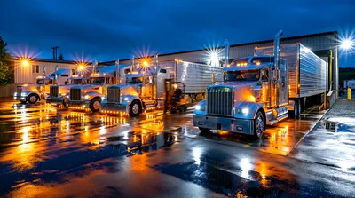 Semi Trucks Parked At A Loading Dock At Night