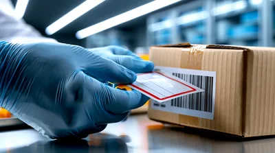 Warehouse Worker Applying Shipping Label To Cardboard Box