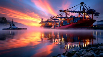 Container Ships Docked At Port During Vibrant Sunset