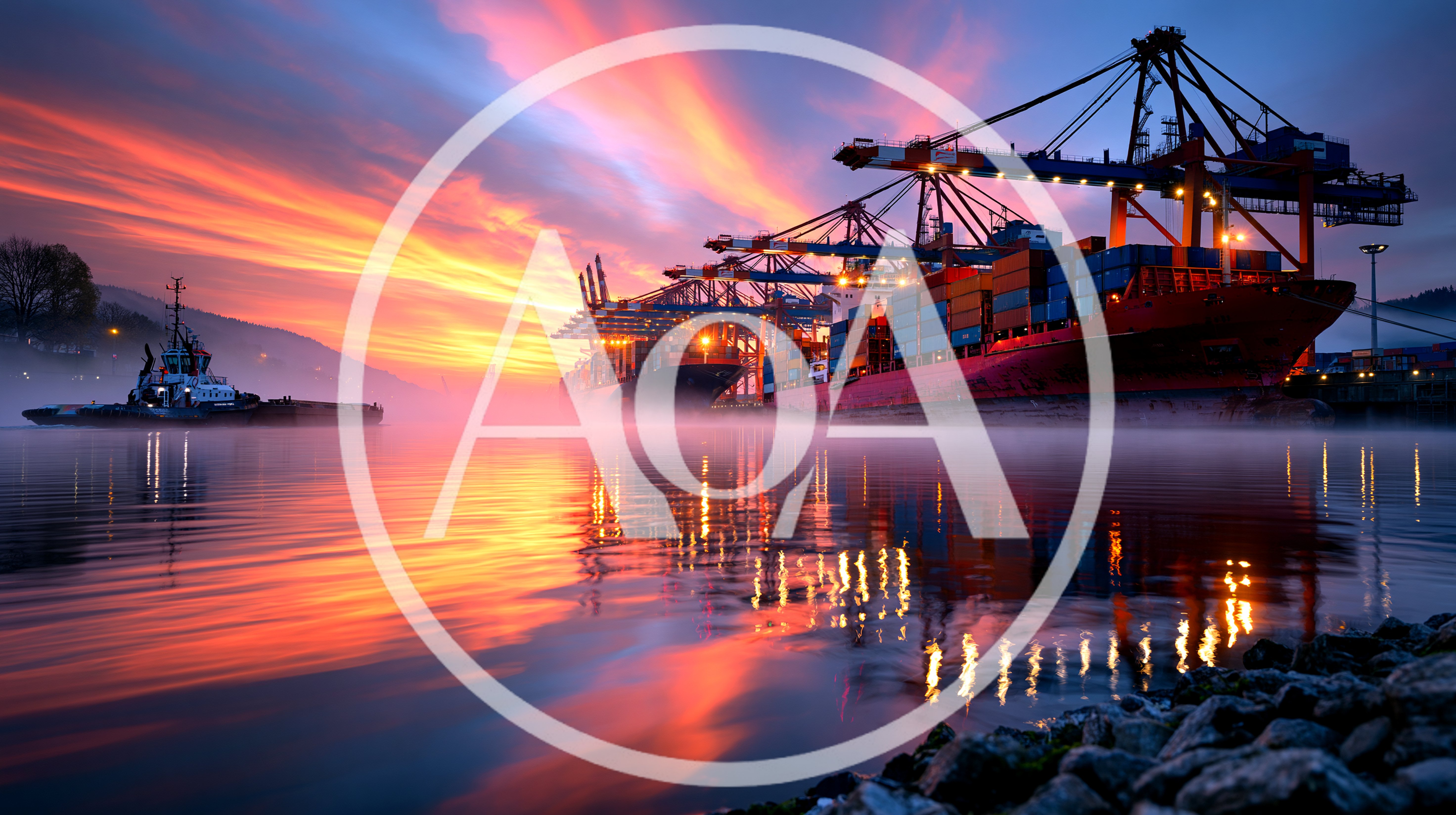Container Ships Docked At Port During Vibrant Sunset