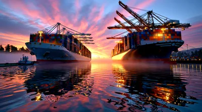 Two Large Container Ships Docked At Sunset