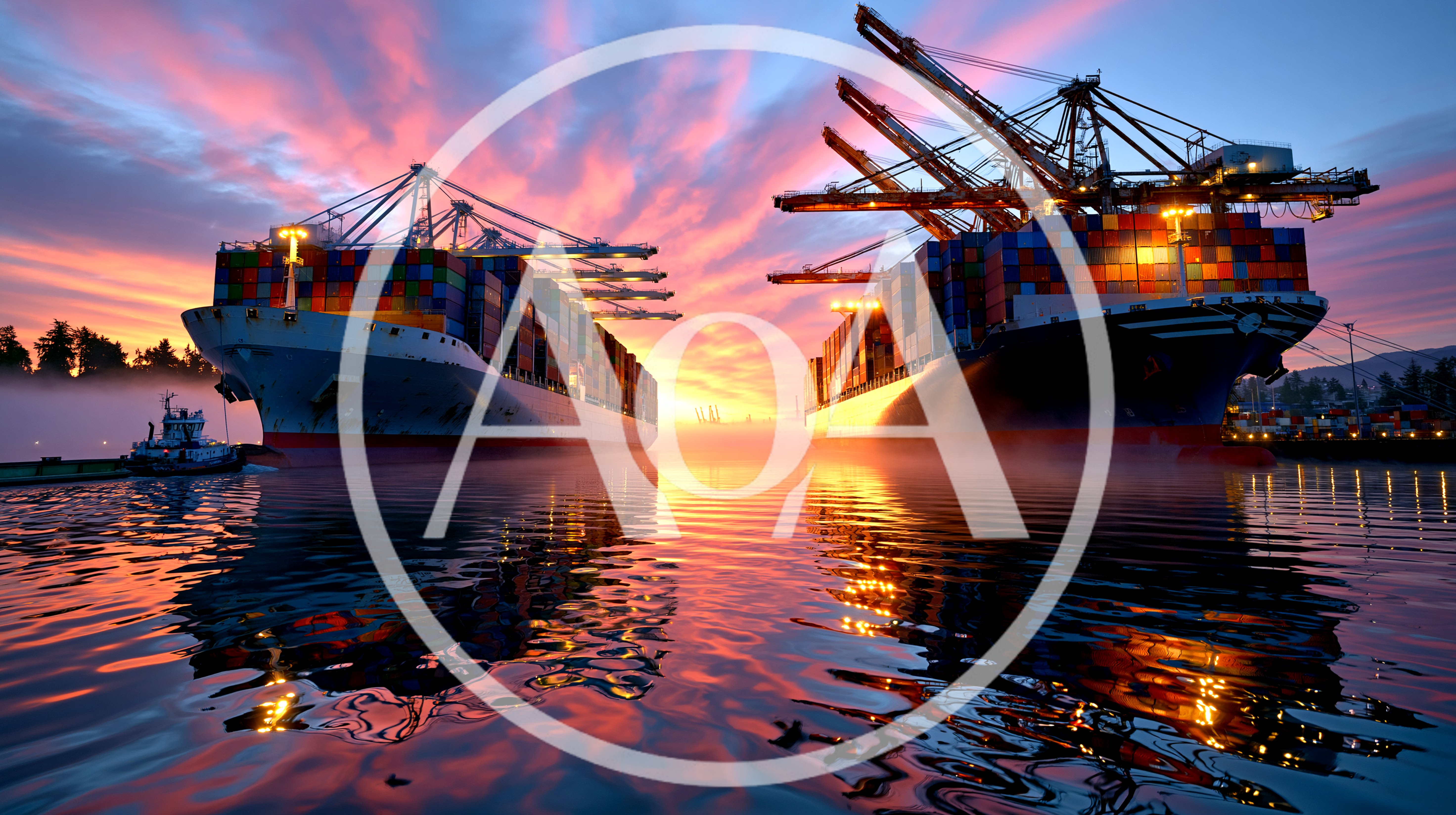Two Large Container Ships Docked At Sunset
