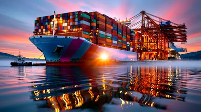 Large Container Ship Docked at Port During Sunset