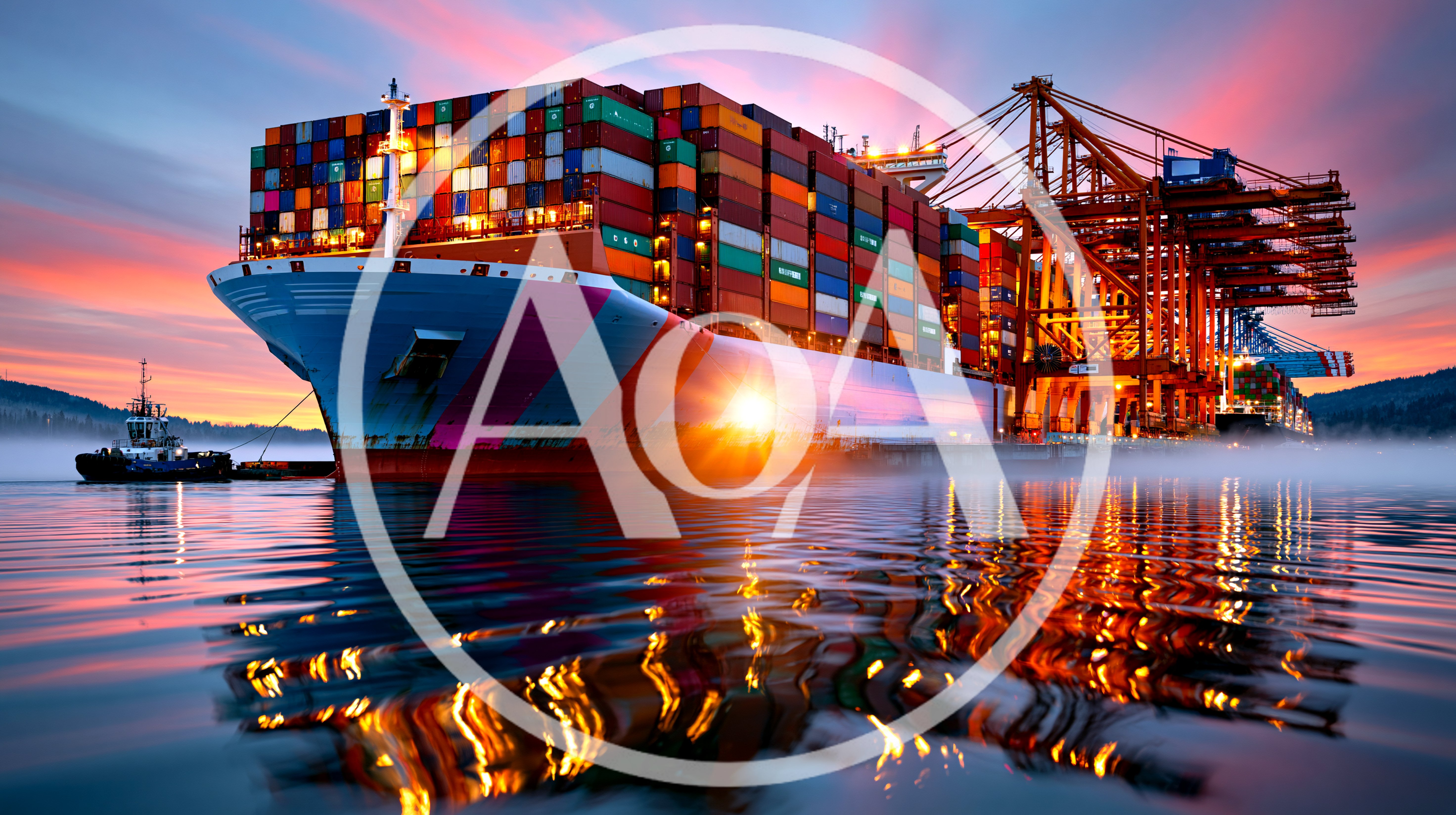 Large Container Ship Docked at Port During Sunset
