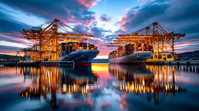 Container Ships Loading At Port During Sunset