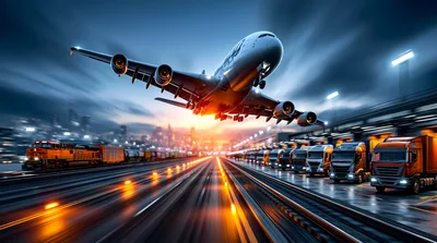 Airplane Taking Off Over Logistics Hub With Trucks