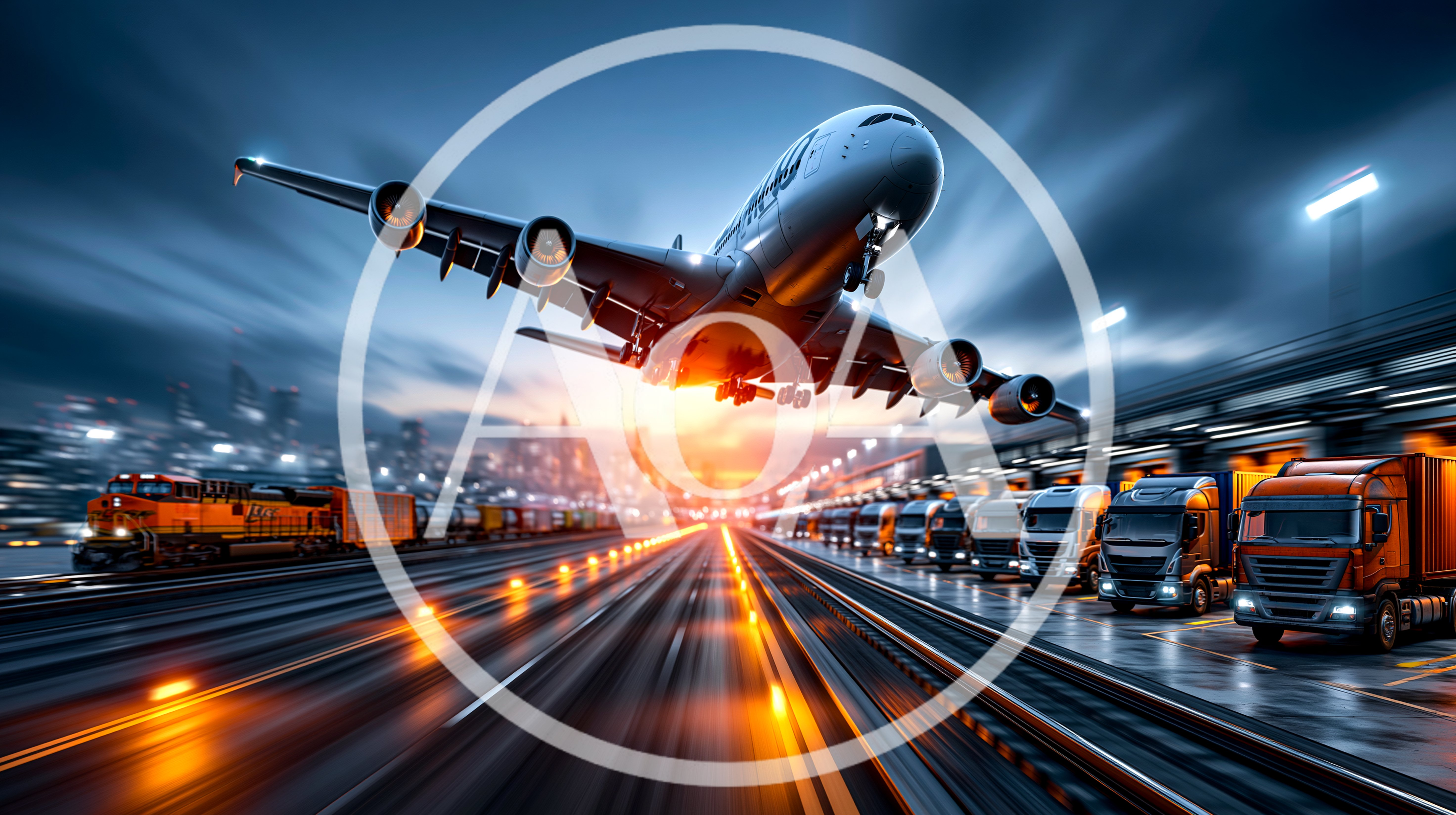 Airplane Taking Off Over Logistics Hub With Trucks