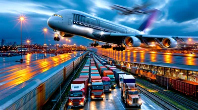 Commercial Airplane Taking Off Over Busy Logistics Hub
