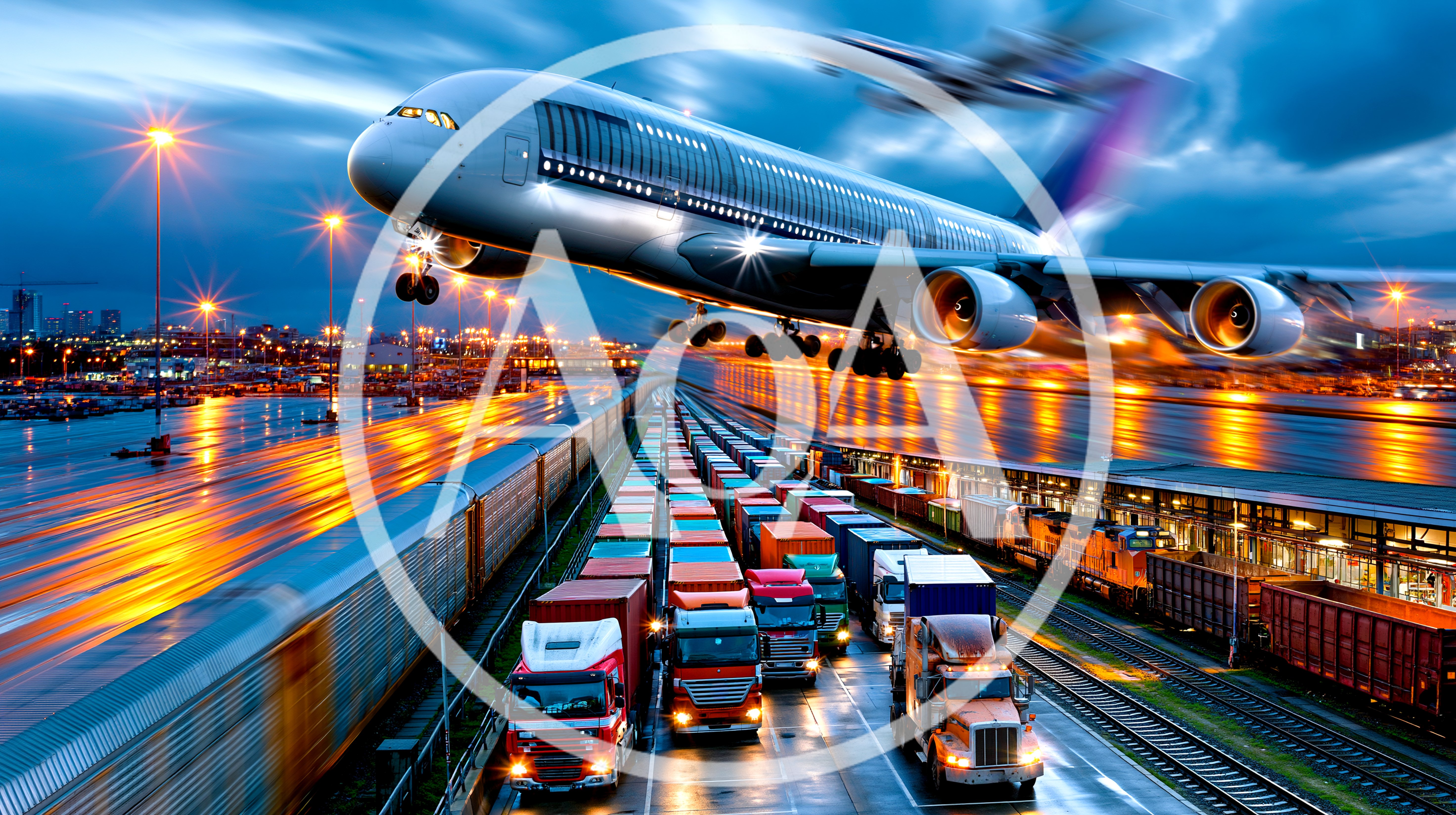 Commercial Airplane Taking Off Over Busy Logistics Hub