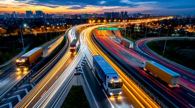 Heavy Trucks Driving on Multi-Lane Highway at Night