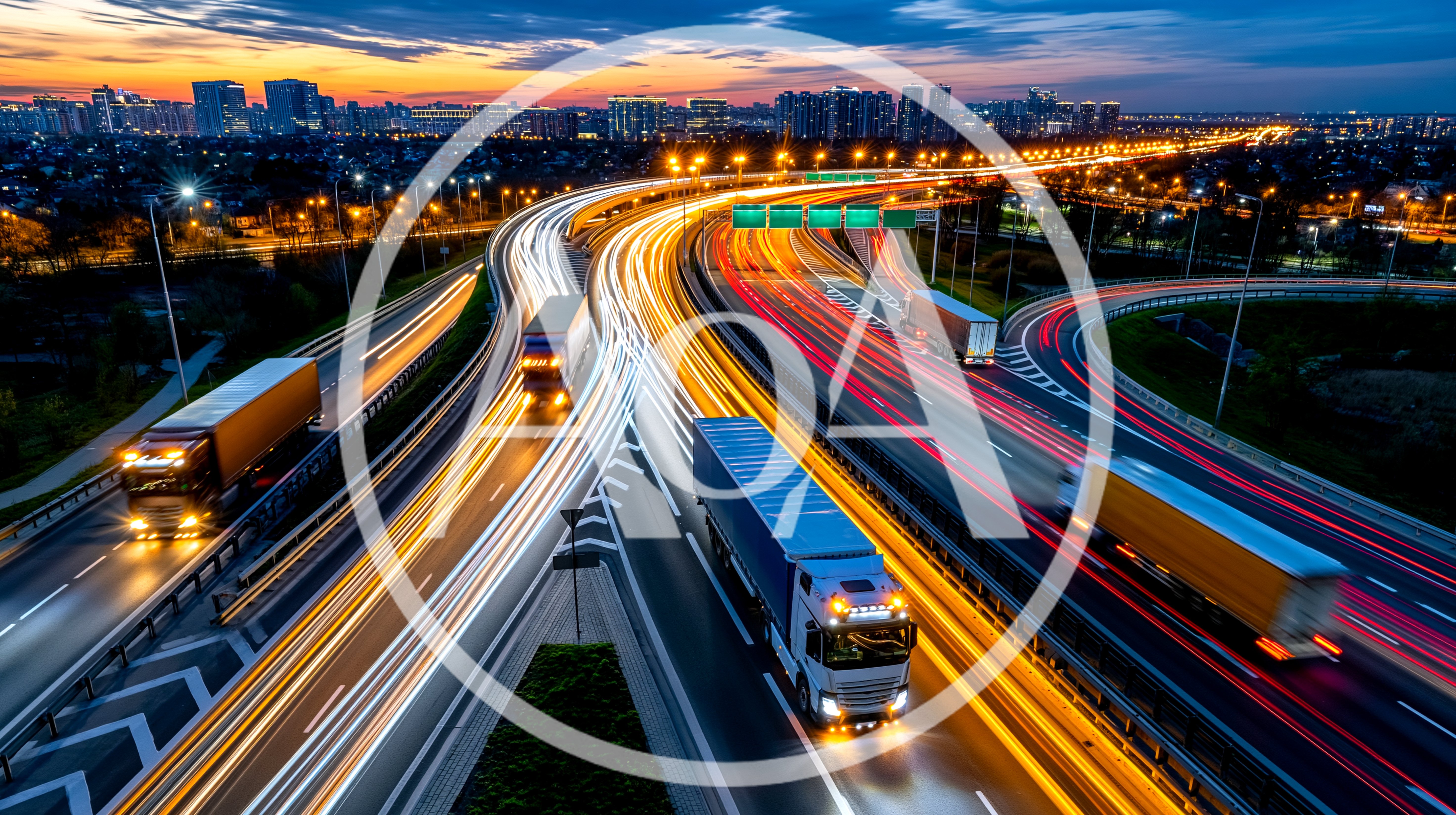 Heavy Trucks Driving on Multi-Lane Highway at Night