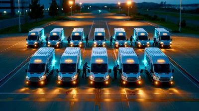 Fleet of White Delivery Vans Parked at Twilight
