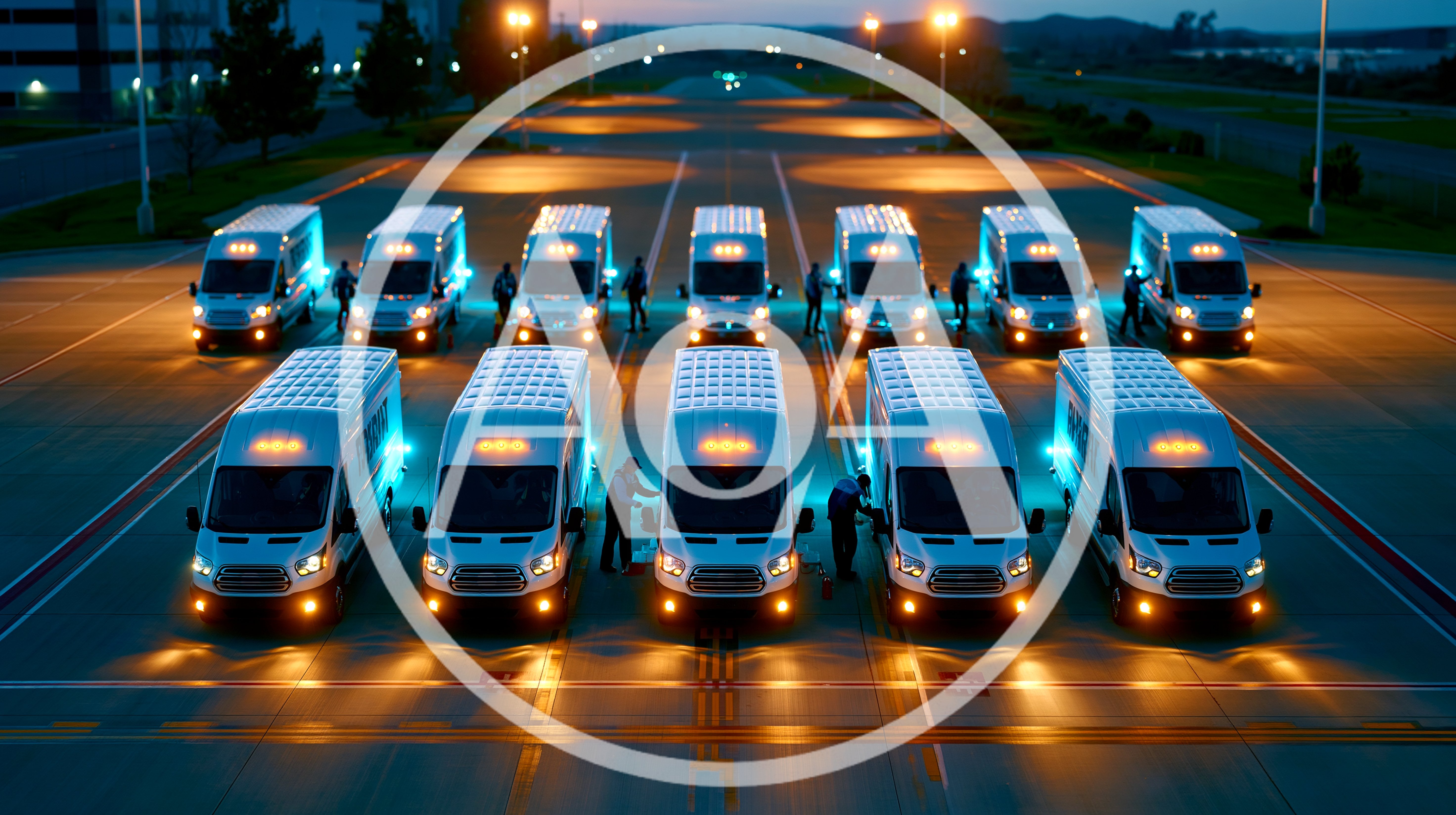 Fleet of White Delivery Vans Parked at Twilight