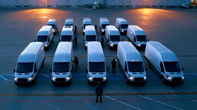Aerial View Of White Delivery Vans Parked In Formation