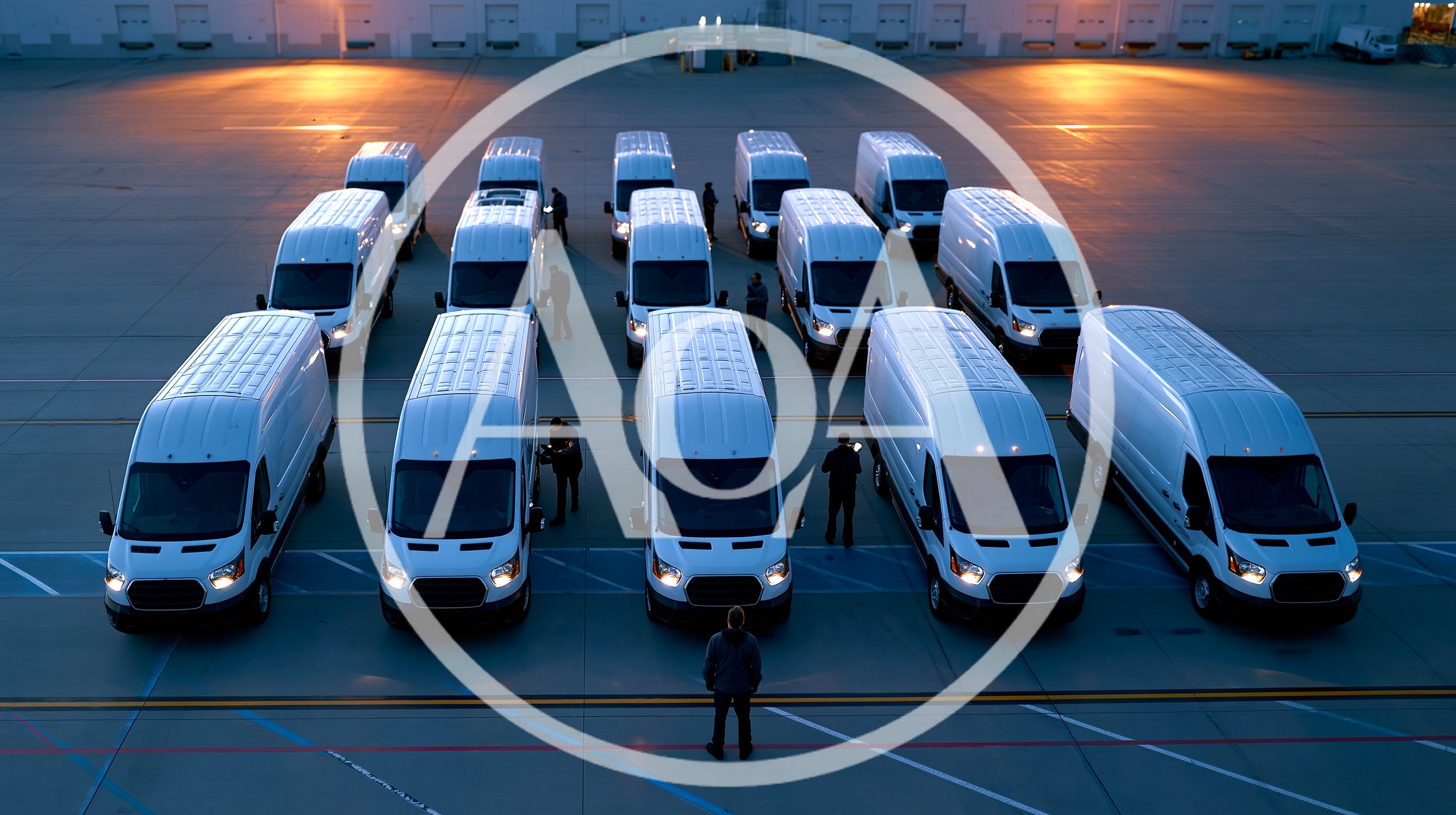 Aerial View Of White Delivery Vans Parked In Formation