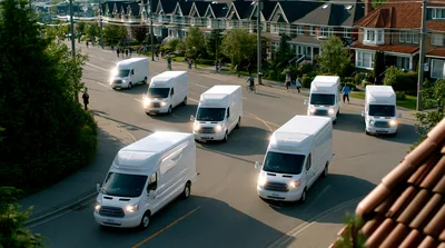 Multiple White Delivery Vans Driving Through Suburban Neighborhood