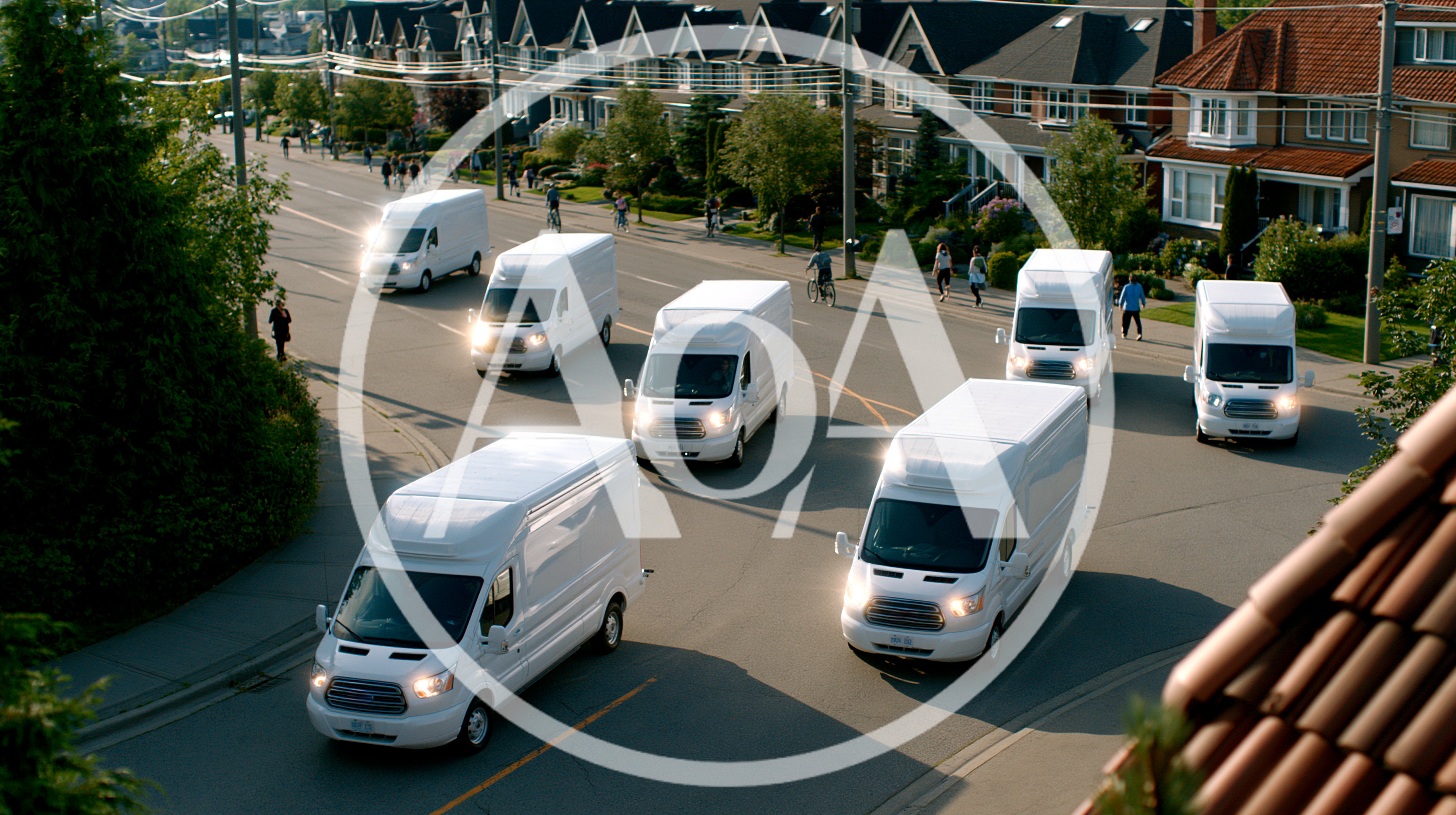 Multiple White Delivery Vans Driving Through Suburban Neighborhood