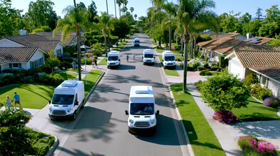 Multiple Delivery Vans Driving Through A Suburban Neighborhood