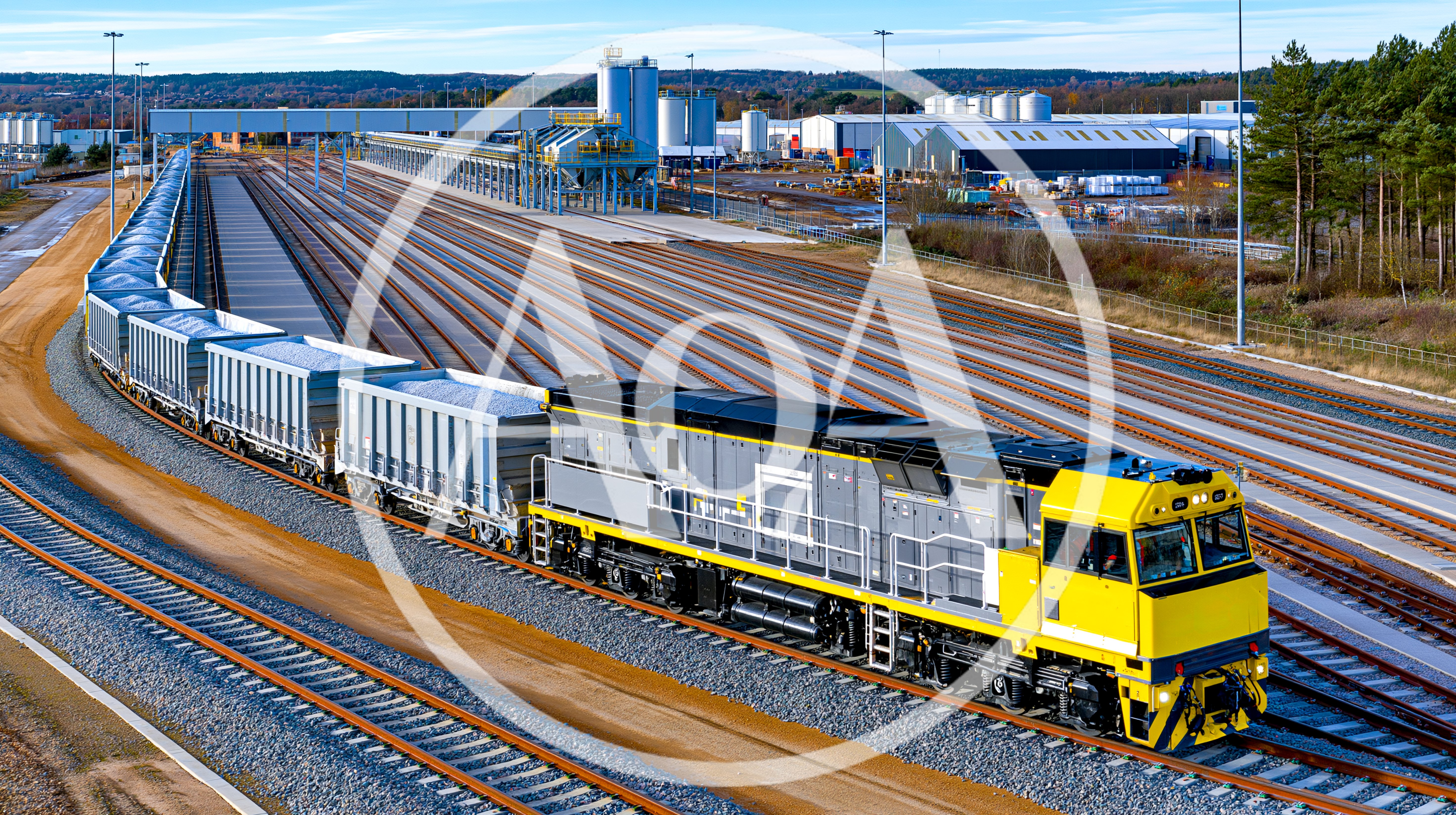 Freight Train Moving Through Industrial Rail Yard