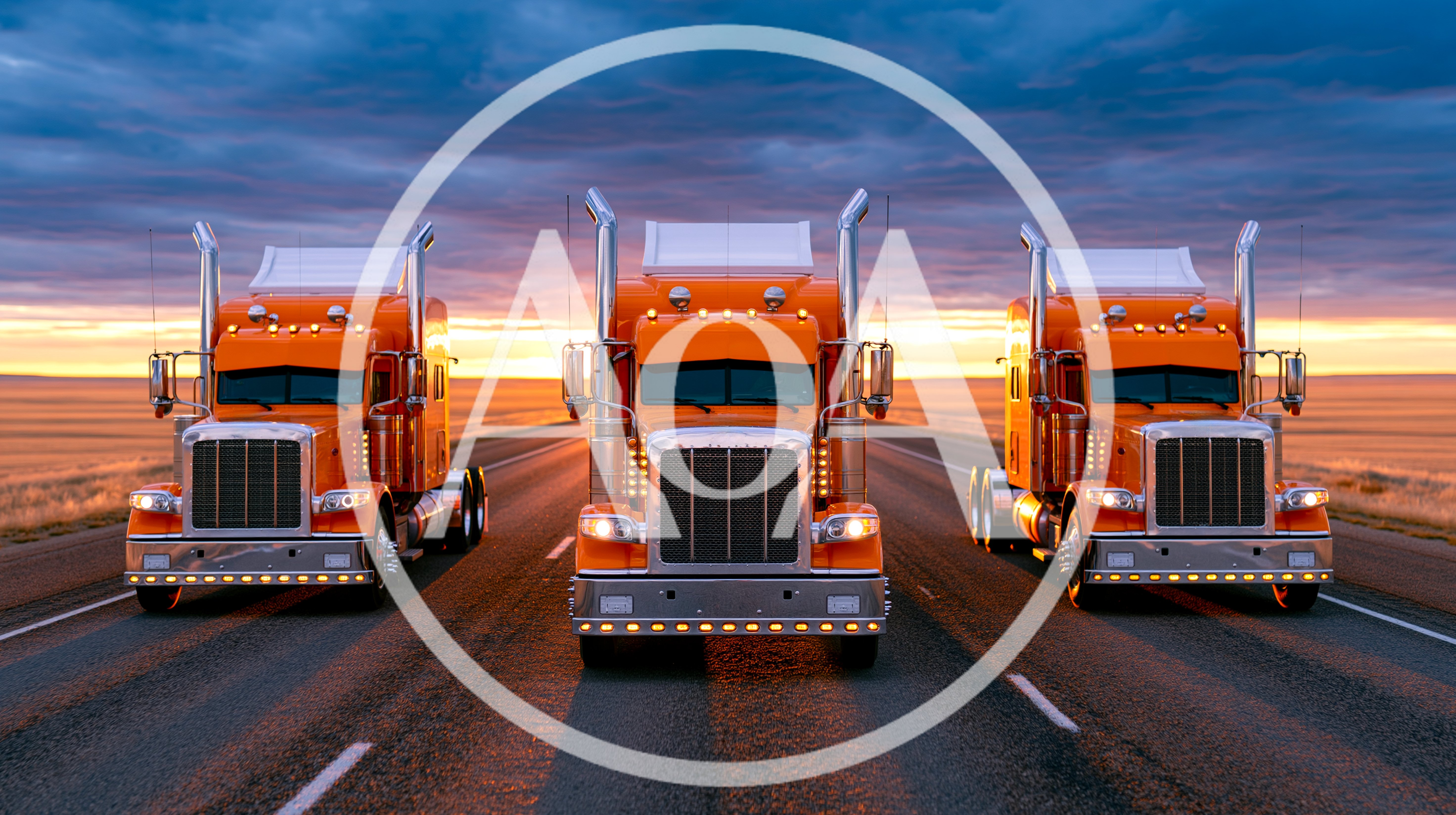 Three Orange Semi Trucks Driving On A Highway