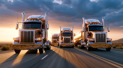 Three Semi Trucks Driving Down A Highway At Sunset