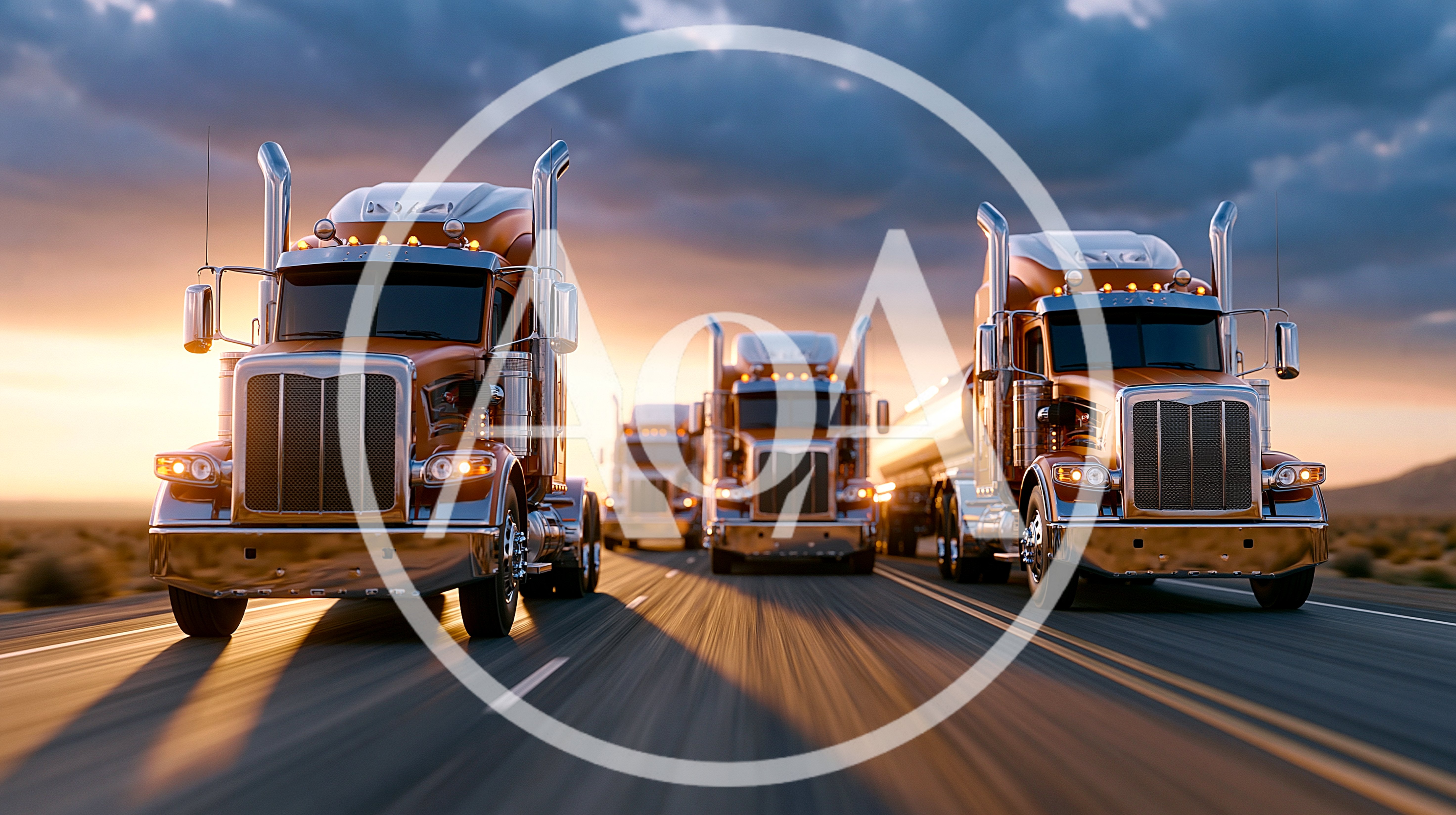 Three Semi Trucks Driving Down A Highway At Sunset