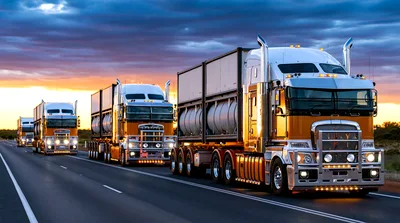 Convoy Of Semi Trucks Driving On Highway At Sunset