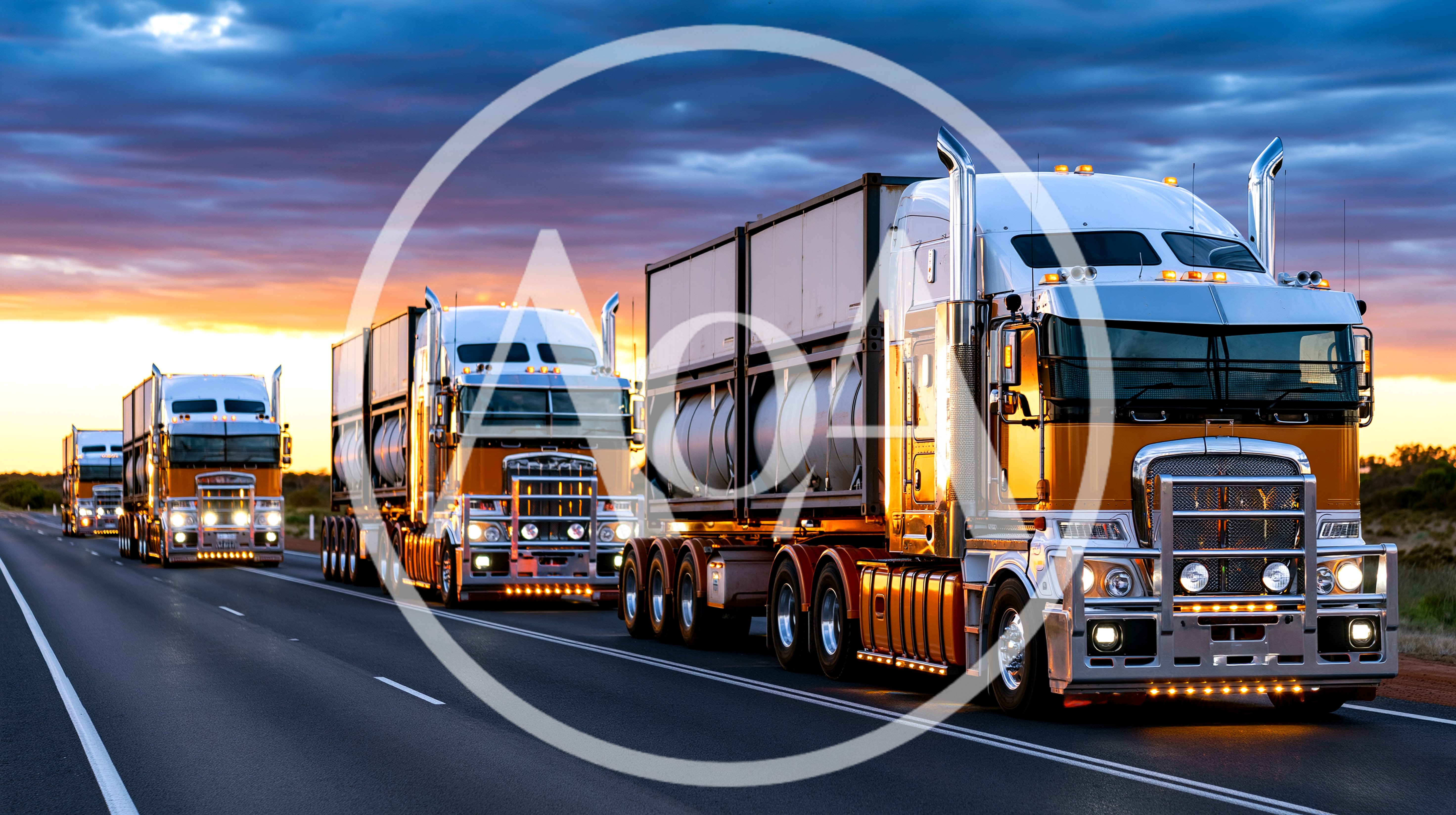 Convoy Of Semi Trucks Driving On Highway At Sunset