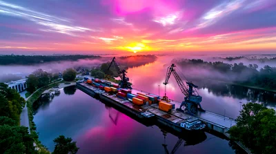 Aerial View Of Industrial Cargo Port At Sunset
