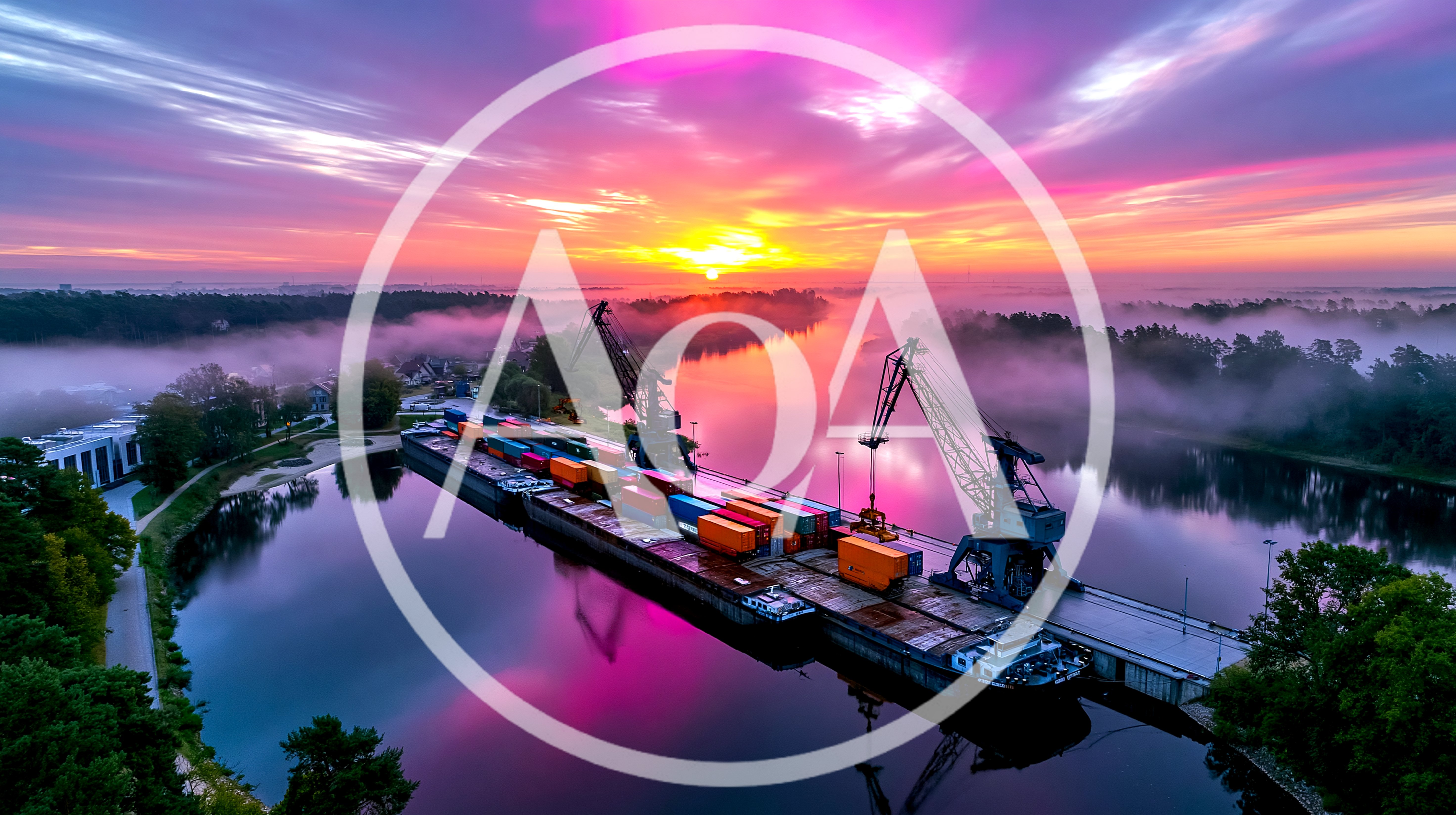 Aerial View Of Industrial Cargo Port At Sunset