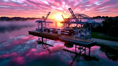 Industrial Port Cranes At Sunrise Over Foggy River