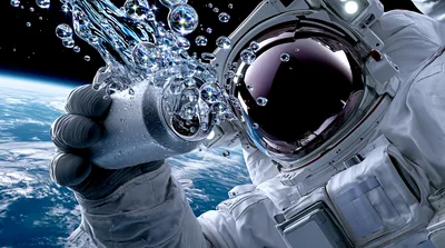 Astronaut Floating In Space With Water Bubbles