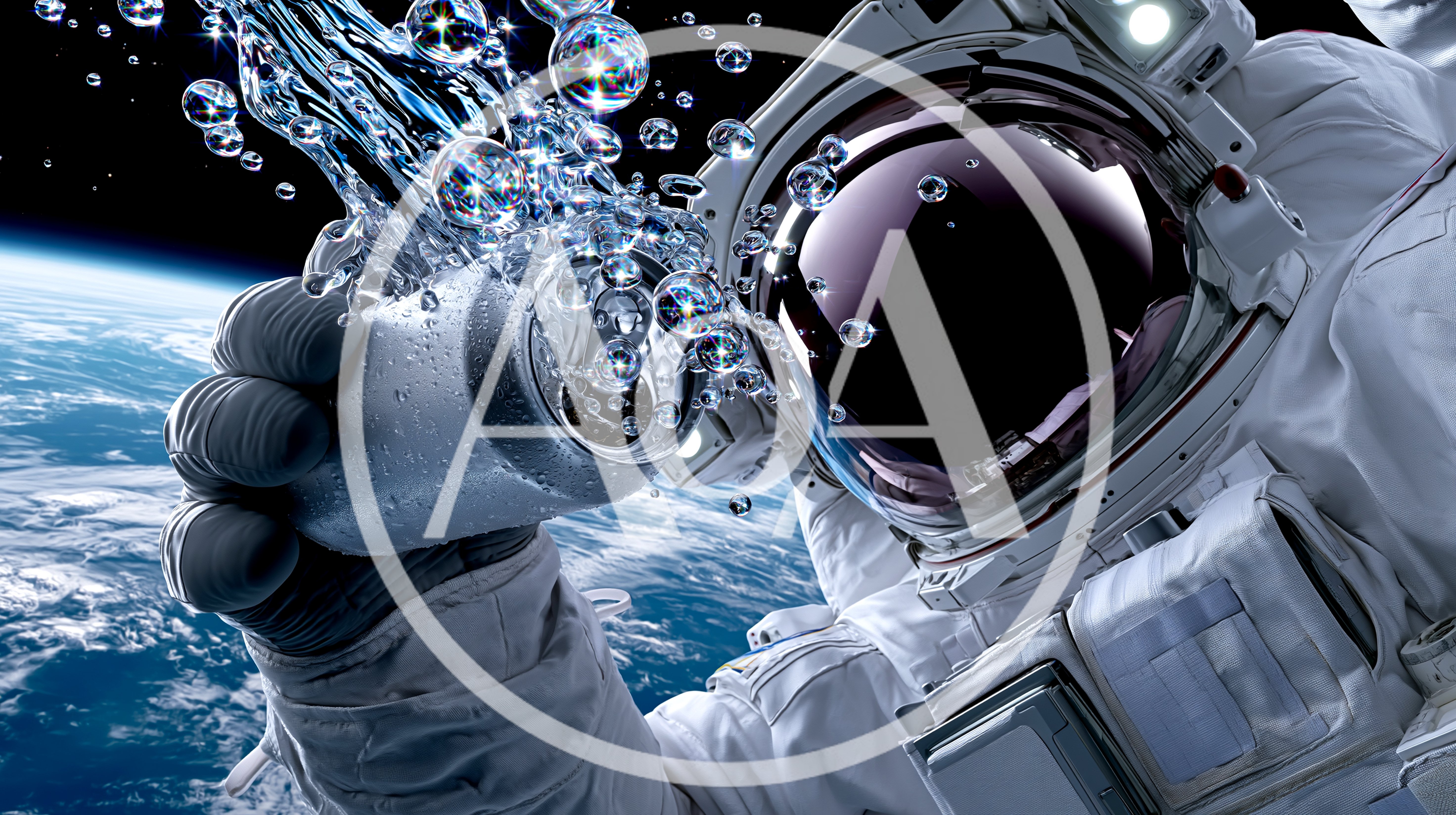 Astronaut Floating In Space With Water Bubbles