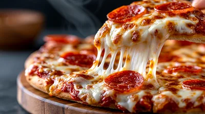 Pepperoni Pizza Slice Being Lifted With Melting Cheese