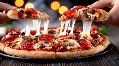 Hands Pulling Slices Of Pepperoni And Mushroom Pizza