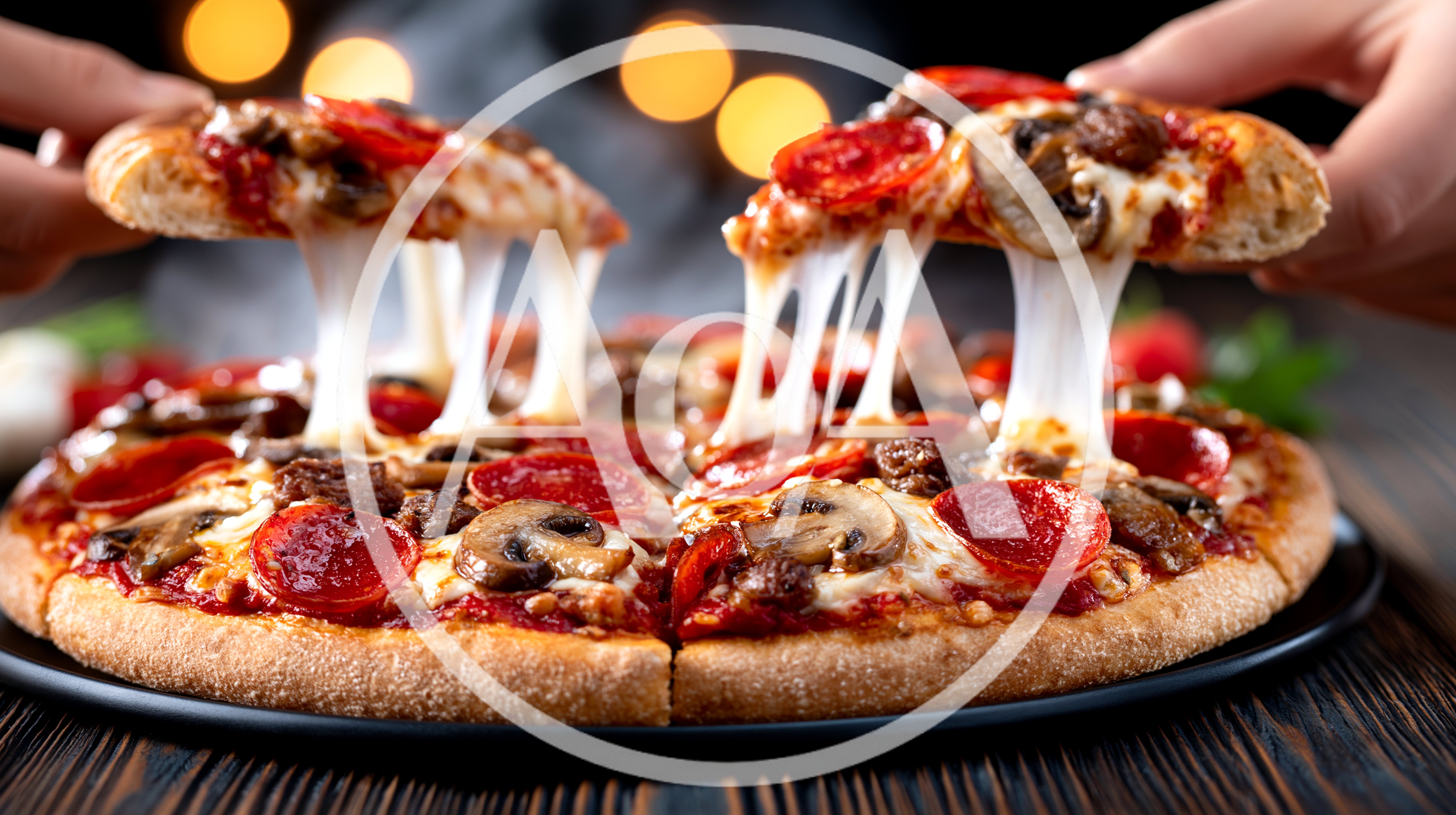 Hands Pulling Slices Of Pepperoni And Mushroom Pizza