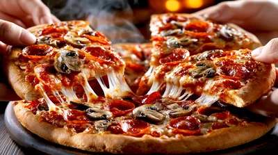 Hands Pulling Slices Of Hot Pepperoni Mushroom Pizza
