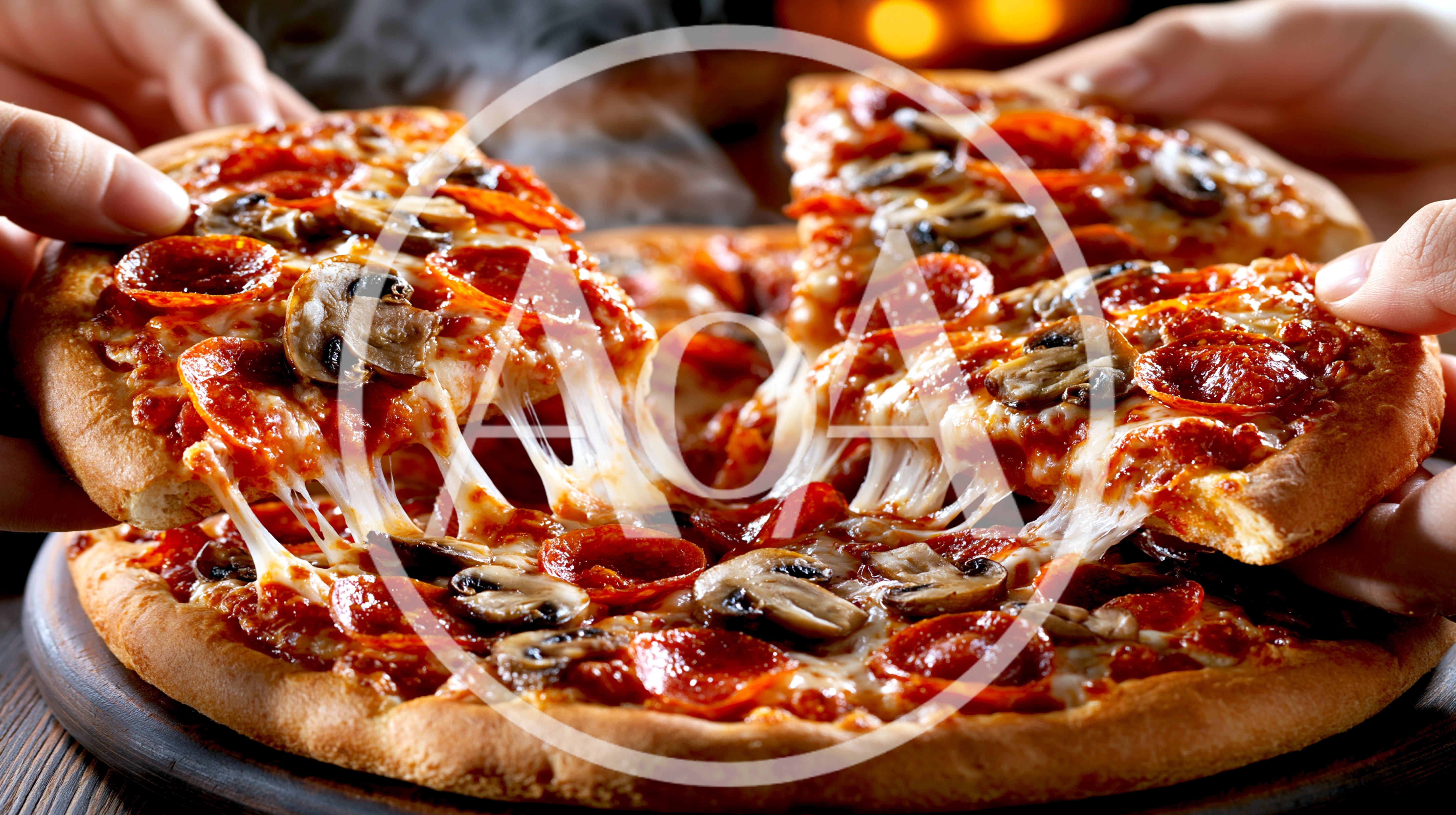 Hands Pulling Slices Of Hot Pepperoni Mushroom Pizza