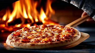 Fresh Pizza Being Removed From Wood Fired Oven
