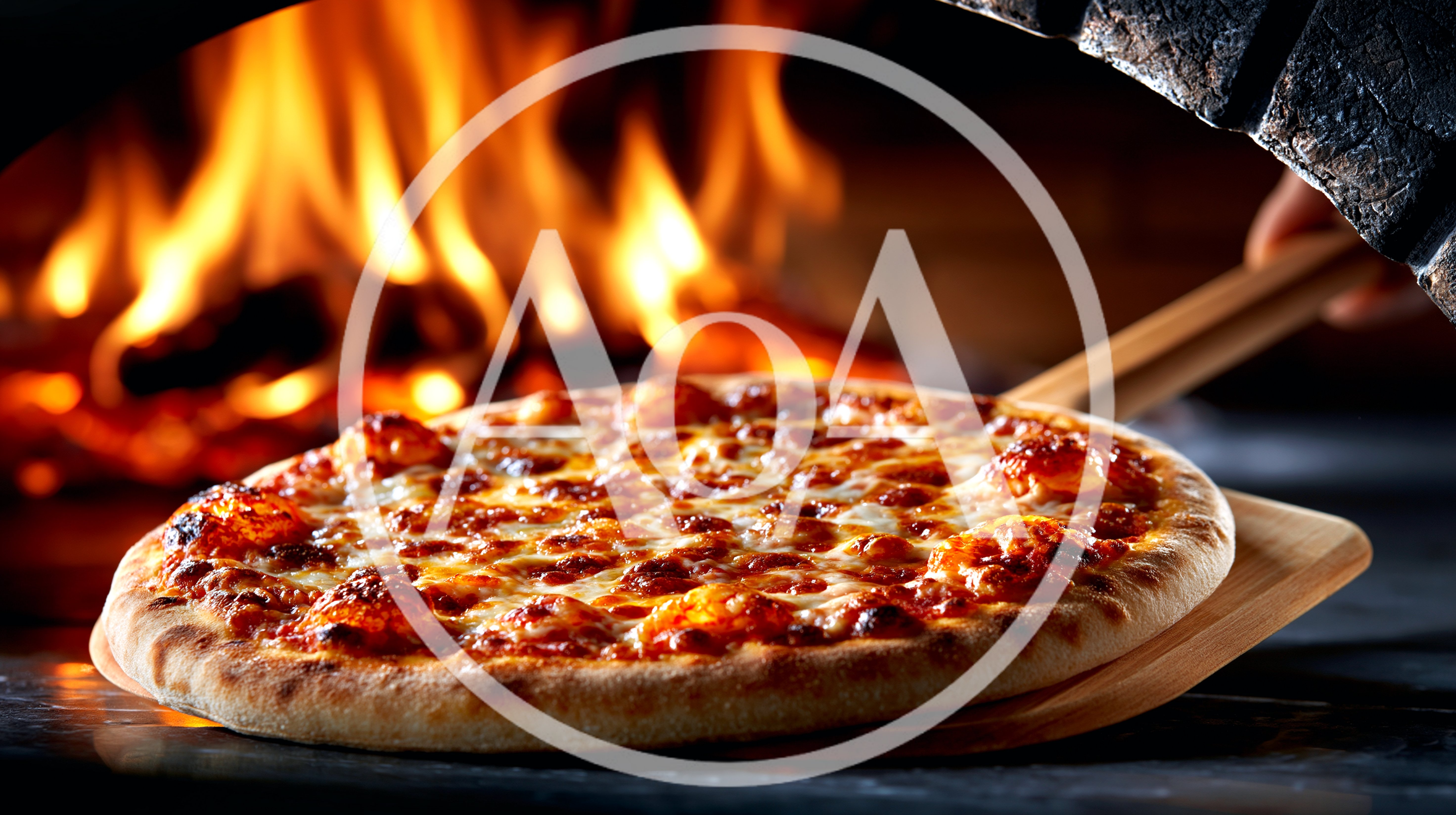 Fresh Pizza Being Removed From Wood Fired Oven