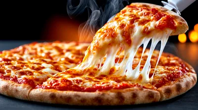 Hot Cheesy Pizza Slice Being Lifted