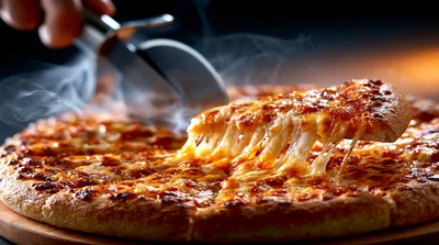 Hot Cheesy Pizza Slice Being Lifted With Cutter