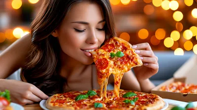 Young Woman Enjoying A Slice Of Cheesy Pizza