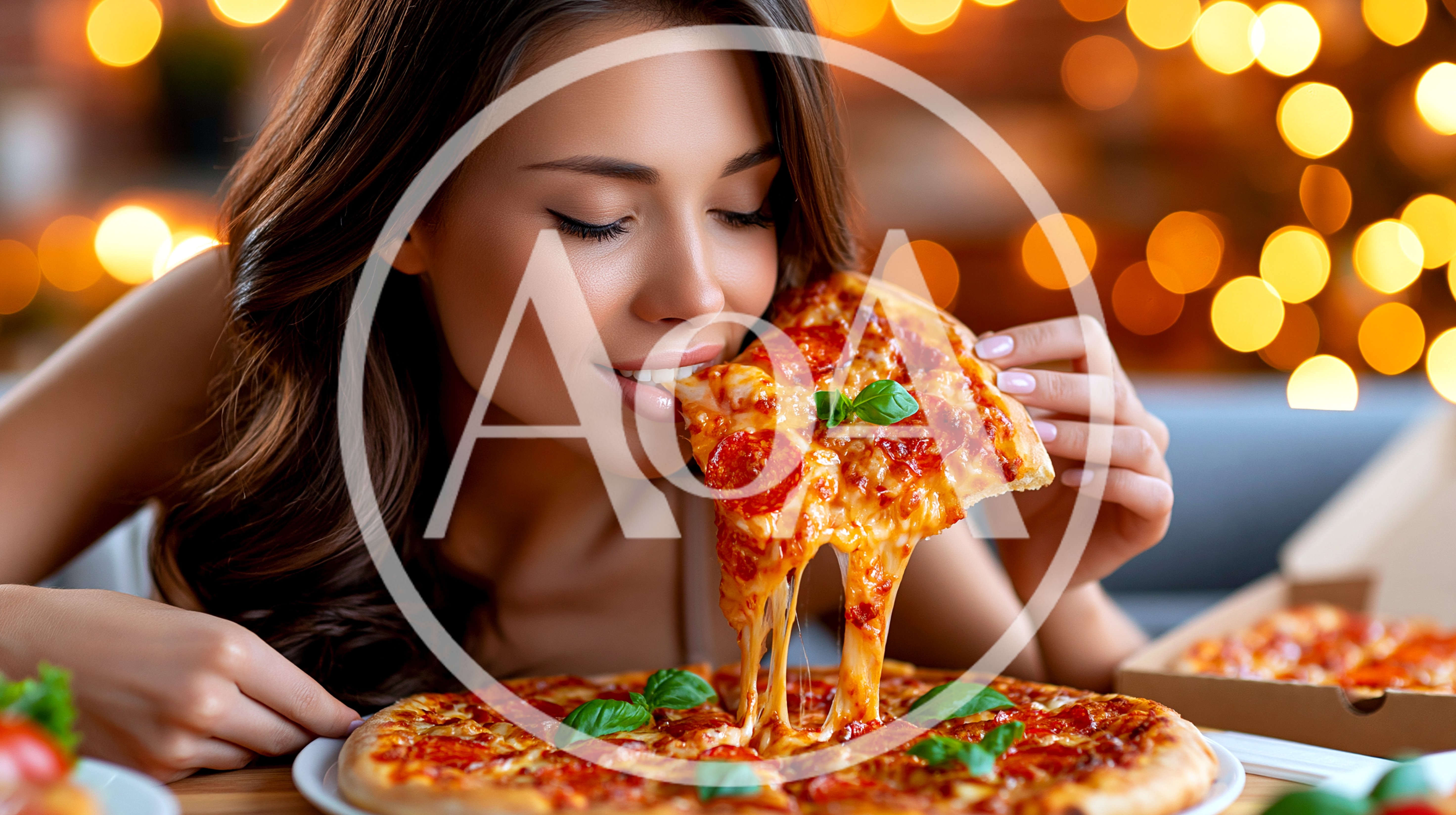 Young Woman Enjoying A Slice Of Cheesy Pizza