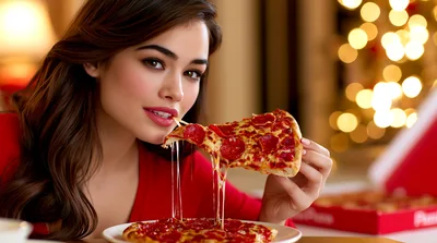 Young Woman Eating Pepperoni Pizza Slice