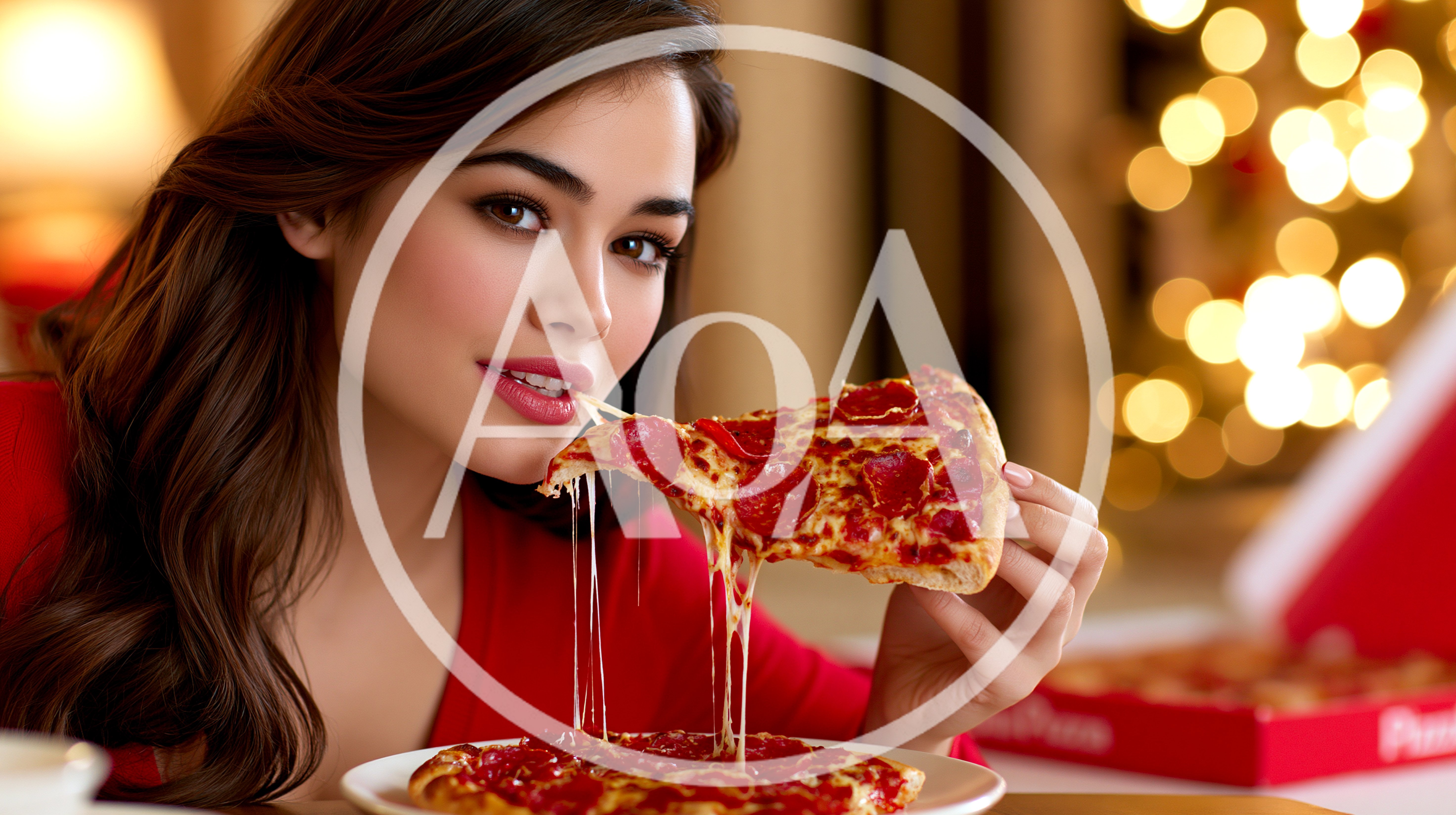 Young Woman Eating Pepperoni Pizza Slice