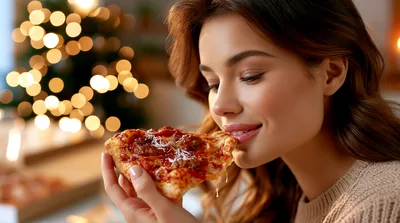 Young Woman Eating A Slice Of Pizza