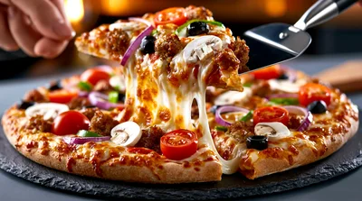 Hand Lifting A Slice Of Fresh Supreme Pizza