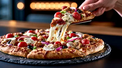 Hand Lifting A Slice Of Freshly Baked Pizza
