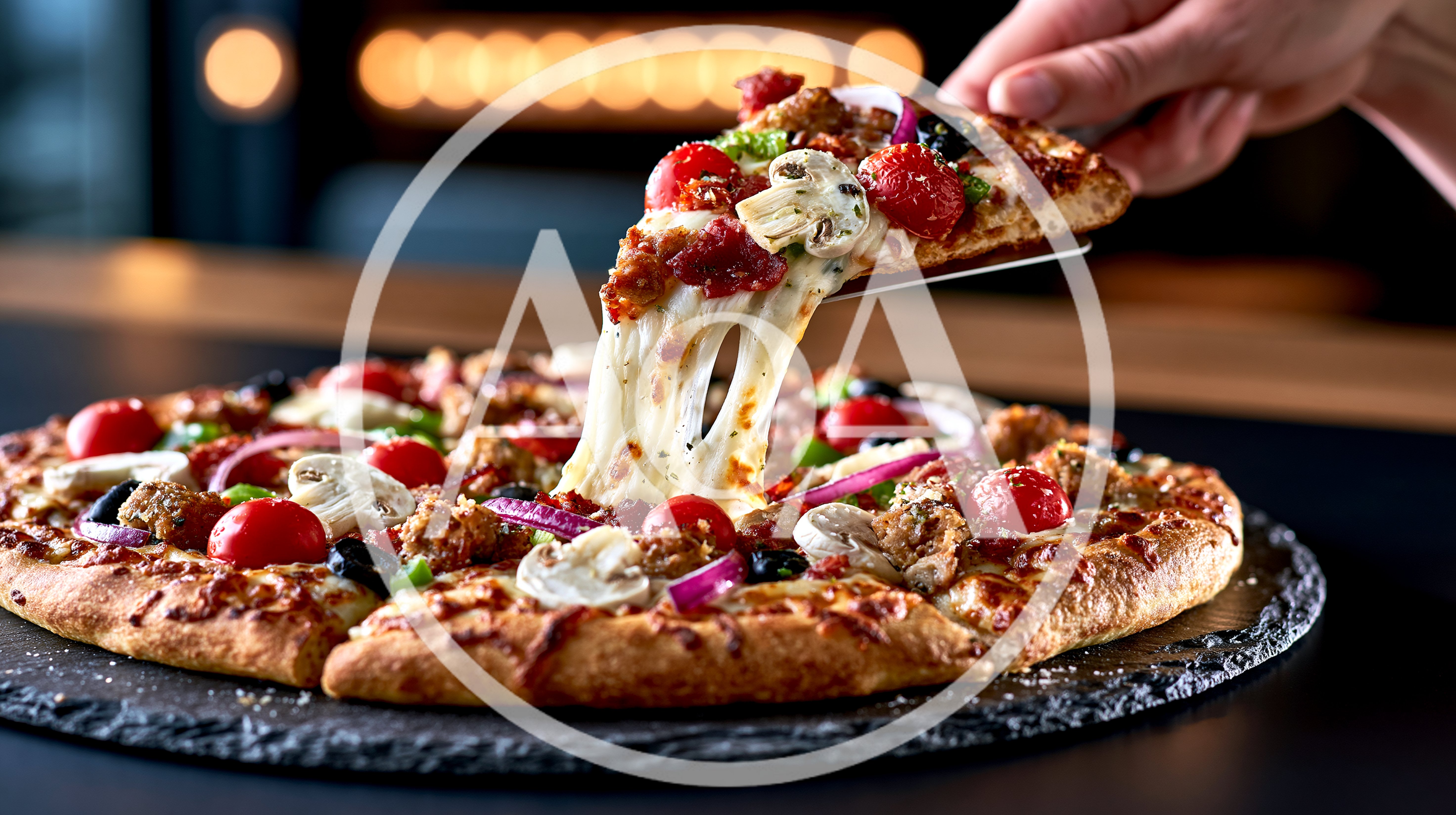 Hand Lifting A Slice Of Freshly Baked Pizza